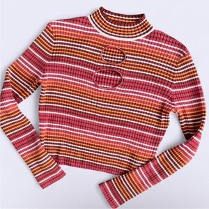 Madden NYC Striped Ribbed Sweater Mock Neck Cutout Front Red Orange White XL